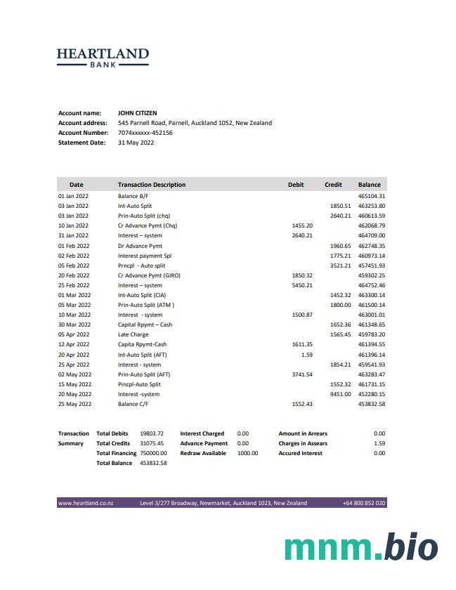 New Zealand Heartland Bank statement Excel and PDF template